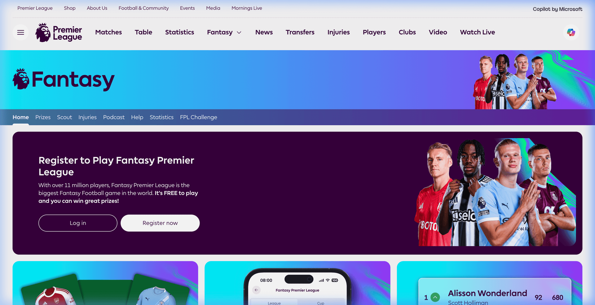 Fantasy Premier League homepage with Log In button highlighted
