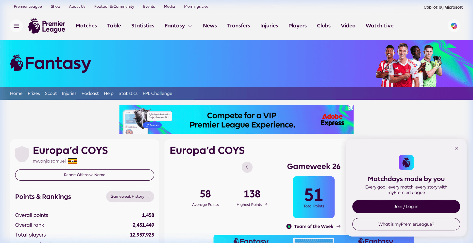 FPL Points page showing team name and gameweek scores